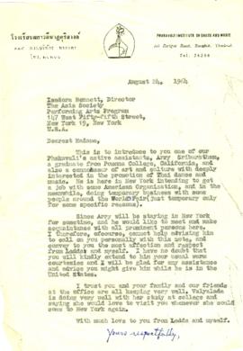 สำเนาจดหมายจาก Mr. Prasidh Silapabanleng ถึง Ms. Isadora Bennett, Director of the Asia Society Pe...