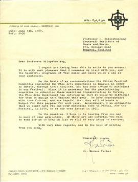 จดหมายจาก Dr. Hormoz Farhat ถึง Professor Prasidh Silapabanleng