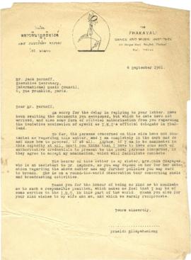 สำเนาจดหมายจาก Mr. Prasidh Silapabanleng ถึง Mr. Jack Bornoff ,Executive  Secretary, Internationa...