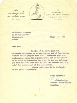 จดหมายจาก Mr. Prasidh Silapabanleng ถึง Mr.Rengnar Wicander, 26 IV Scheelloataw, Stockholm.K. Sweden