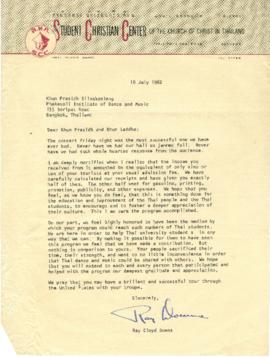 จดหมายจาก Mr. Ray Cloyd Downs ถึง Mr. Prasidh and Mrs. Ladda Silapabanleng