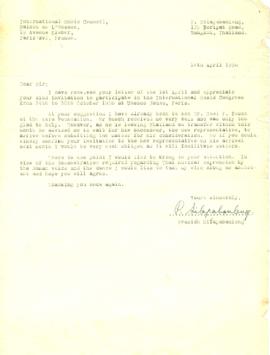 สำเนาจดหมายจาก Mr. Prasidh Silapabanleng ถึง International Music Council, Maison De L'Unesco, Par...