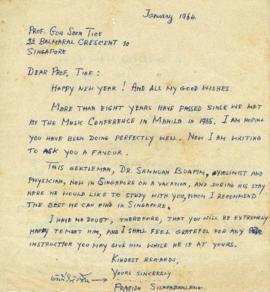 ร่างจดหมายจาก Mr. Prasidh Silapabanleng ถึง Prof.Goh Soon Tioe, 22 Balmaral Crescent 10 Singapore