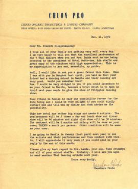 จดหมายจาก Mr. Masaharu Okubo, Chuoo Ongaku Production, Tokyo ถึง Mr. Prasidh Silapabanleng