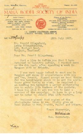 จดหมายจาก D. Valisinha ถึง Mr. Prasidh and Mrs. Ladda Silapabanleng