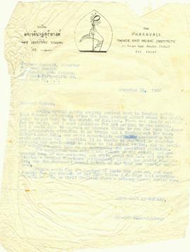 สำเนาจดหมายจาก Mr. Prasidh Silapabanleng ถึง Isadora Bennett, Director of the Asia Society Perfor...