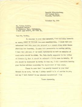 สำเนาจดหมายจาก Mr. Prasidh Silapabanleng ถึง Mr.Nathan Broder, Associate Editor G.Schirmer, Inc.,...