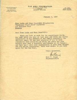 จดหมายจาก Noel F. Busch, Representative of the Asia Foundation ถึง Khun Ladda and Khun Prasidh, B...