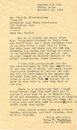 จดหมายจาก Mr. Hans E. Pringsheim  ถึง Mr. Prasidh Silapabanleng
